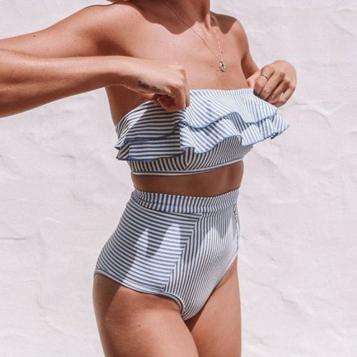 Strapless Striped Ruffled High Waist Bikini Set - Image 4