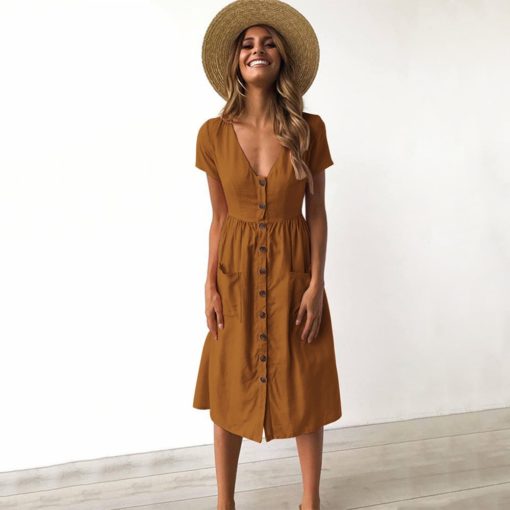 Causal Pockets Beach Cotton Dress - Image 3