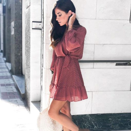 Ruffles Lace Chiffon Mini Beach Dress - Three Quarter Sleeve - Image 2