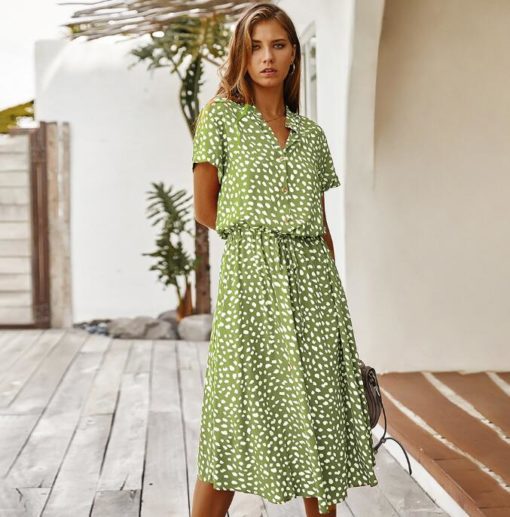 Summer Polka Dot Short-Sleeved Dress With  Collar And Soft A-Line Long Skirt - Image 6