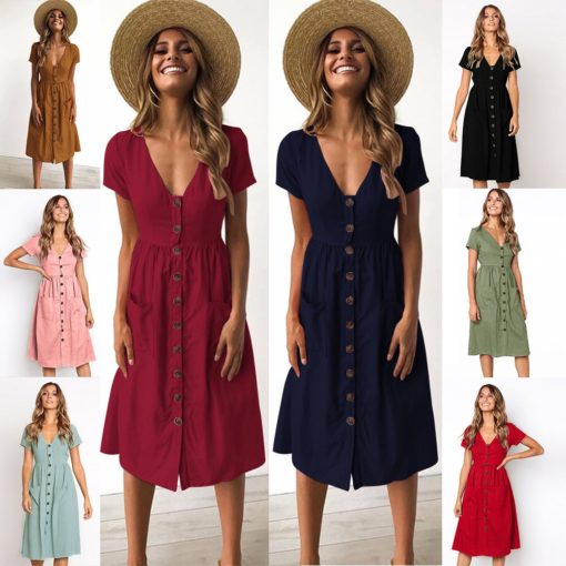 Causal Pockets Beach Cotton Dress