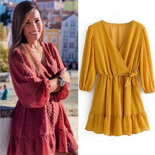 Ruffles Lace Chiffon Mini Beach Dress - Three Quarter Sleeve