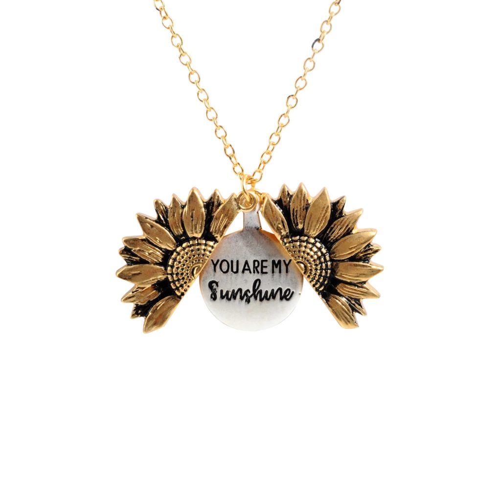 Vintage sunflower locket necklace with "You Are My Sunshine" engraving in gold tone.