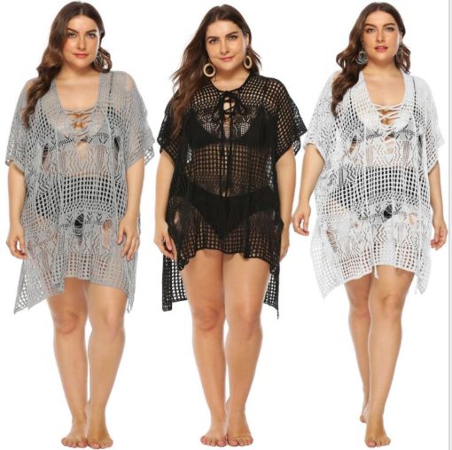 Plus Size Crochet Beach Dress in grey, black, and white with a loose silhouette and V-neckline, perfect for beach cover-ups.