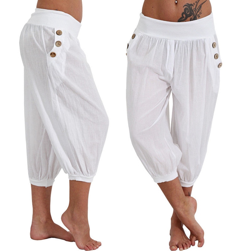 White Baggy Pocket Linen Harem Pants - Şaman Butik | Shop Online