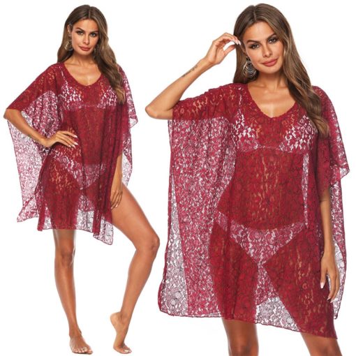 Red lace see-through beach cover-up dress for women, perfect for beachwear or casual summer parties. Available in multiple colors.