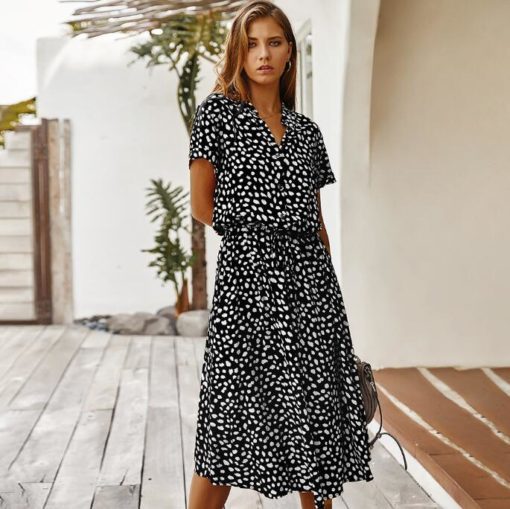 Summer Polka Dot Short-Sleeved Dress With  Collar And Soft A-Line Long Skirt - Image 5