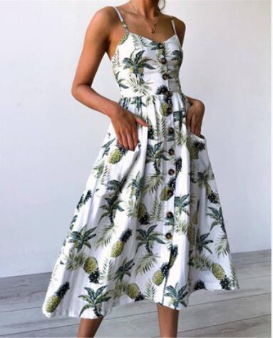 Pineapple print sundress with button-down front and adjustable straps.