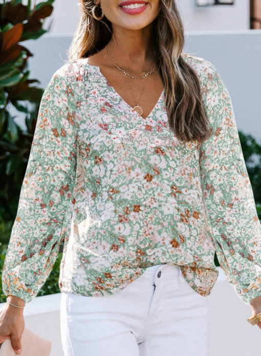 V-Neck Lantern Sleeves Floral Chiffon Top - Image 3