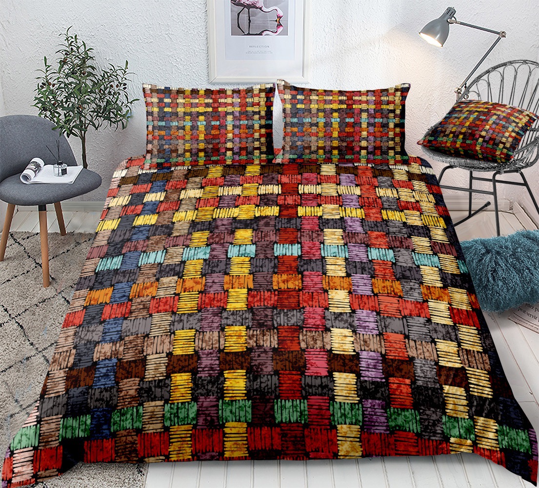 Bohemian plaid quilt cover set with vibrant ethnic-inspired colors, featuring a 3-piece bedding set including a quilt cover and pillowcases, displayed in a cozy bedroom setup.