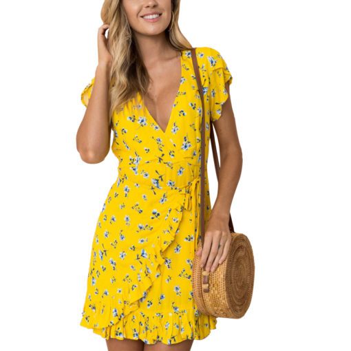 Floral Print Yellow Women Mini Dress - Bohemian Beach Boutique