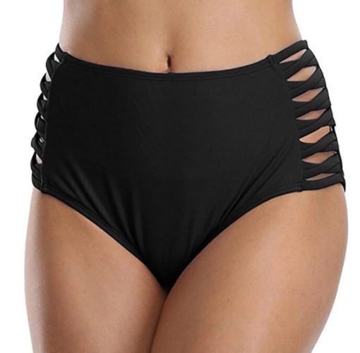 High-waisted black bikini bottoms with side cut-outs in cotton-blend and polyester material,