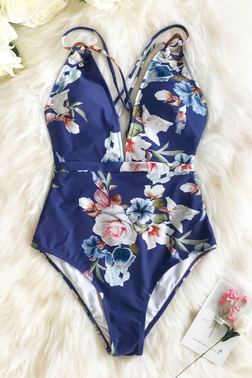 Blue Floral Strappy One Piece Swimsuit - Image 3