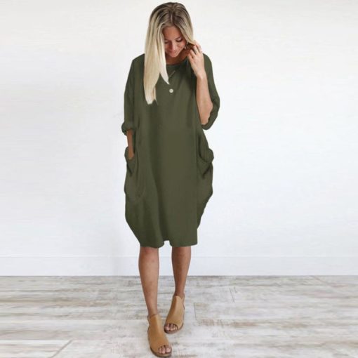 Solid Color Mini Dress with Pockets - Image 2