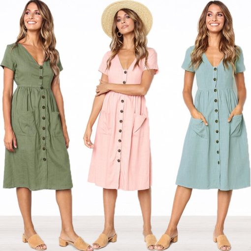 Causal Pockets Beach Cotton Dress - Image 2