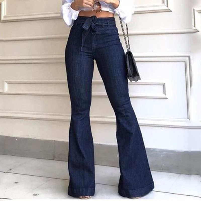 High-waisted flare jeans with lace-up detail in light wash, perfect for casual outfits.