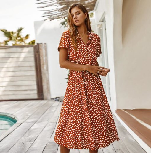 Summer Polka Dot Short-Sleeved Dress With  Collar And Soft A-Line Long Skirt