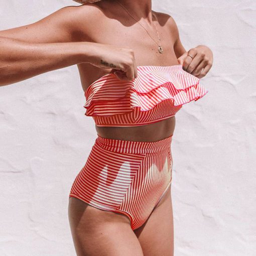 Strapless Striped Ruffled High Waist Bikini Set - Image 8