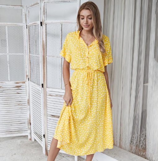 Summer Polka Dot Short-Sleeved Dress With  Collar And Soft A-Line Long Skirt - Image 4