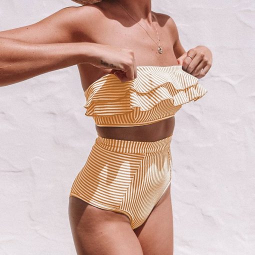 Strapless Striped Ruffled High Waist Bikini Set