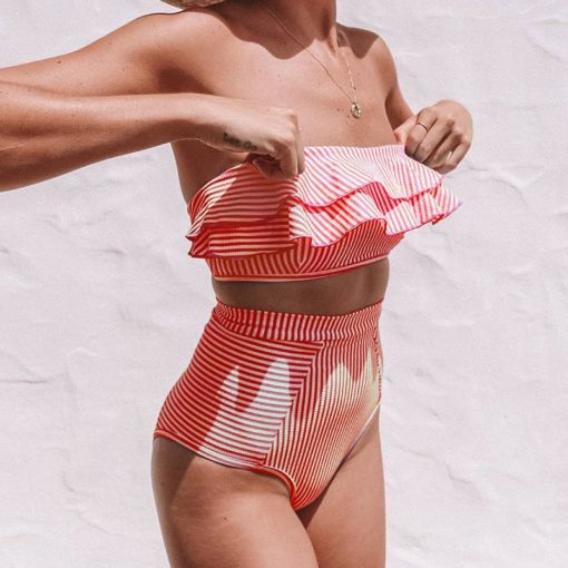 Strapless Striped Ruffled High Waist Bikini Set - Image 2
