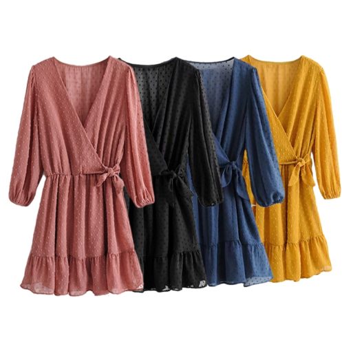 Ruffles Lace Chiffon Mini Beach Dress - Three Quarter Sleeve - Image 3