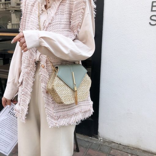 Hexagon Bohemian Straw + Leather Handbag - Image 2