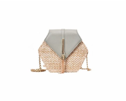 Hexagon Bohemian Straw + Leather Handbag - Image 8