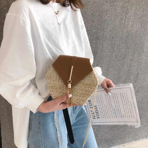 Hexagon Bohemian Straw + Leather Handbag - Image 3
