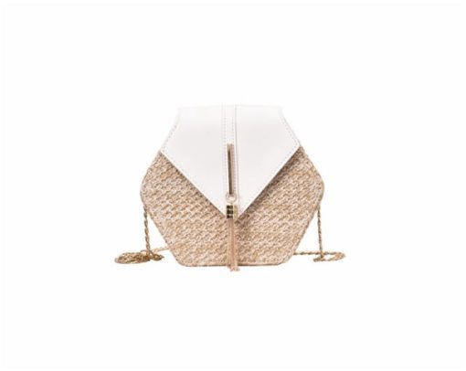 Hexagon Bohemian Straw + Leather Handbag - Image 9