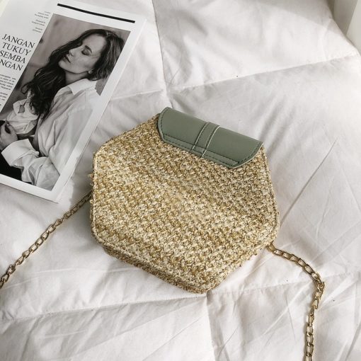 Hexagon Bohemian Straw + Leather Handbag - Image 5