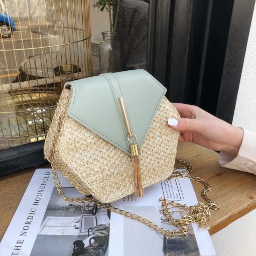 Hexagon Bohemian Straw + Leather Handbag